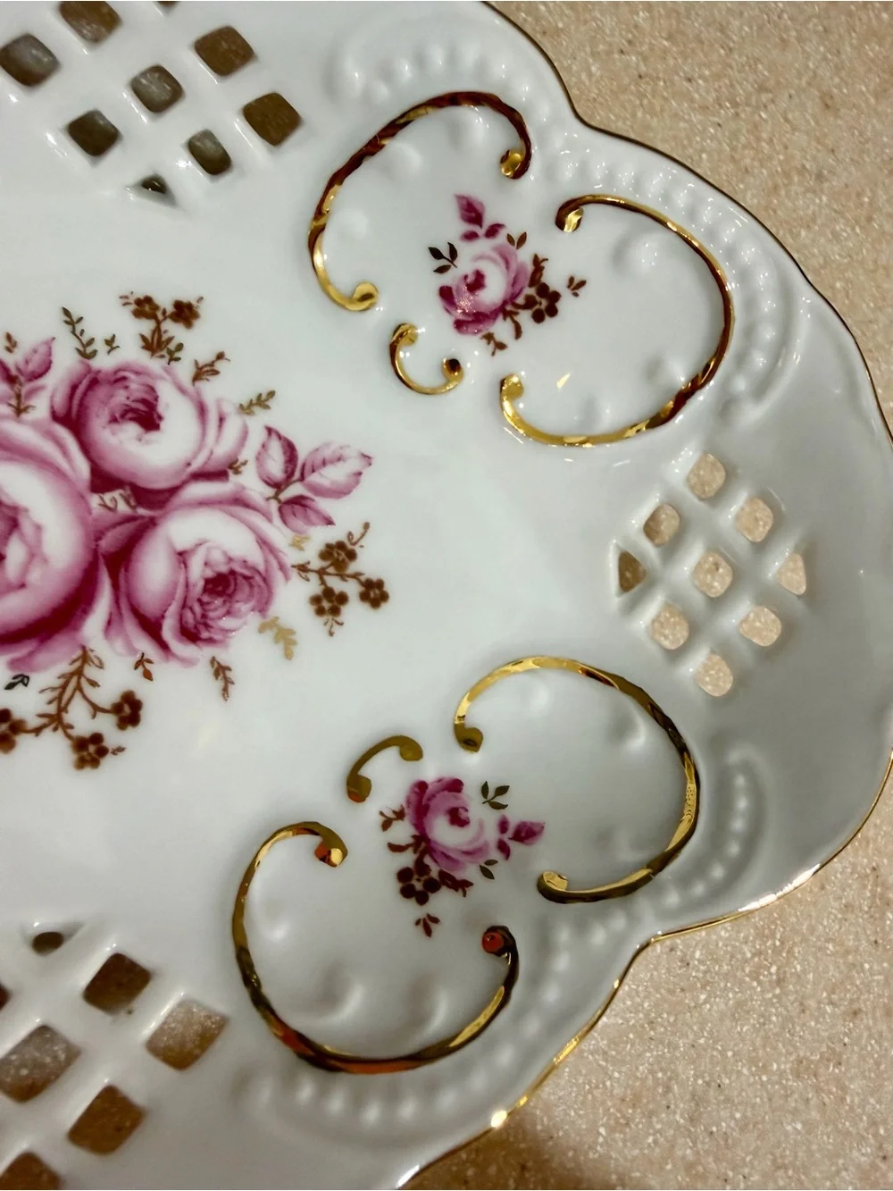 Weimar Porcelain Barbarina Pink Rose Trinket Candy Dish Bowl Gold Trim Filigree